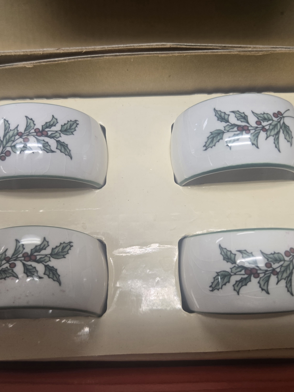 Holiday Holly Ceramic Napkin Rings - Set of 4